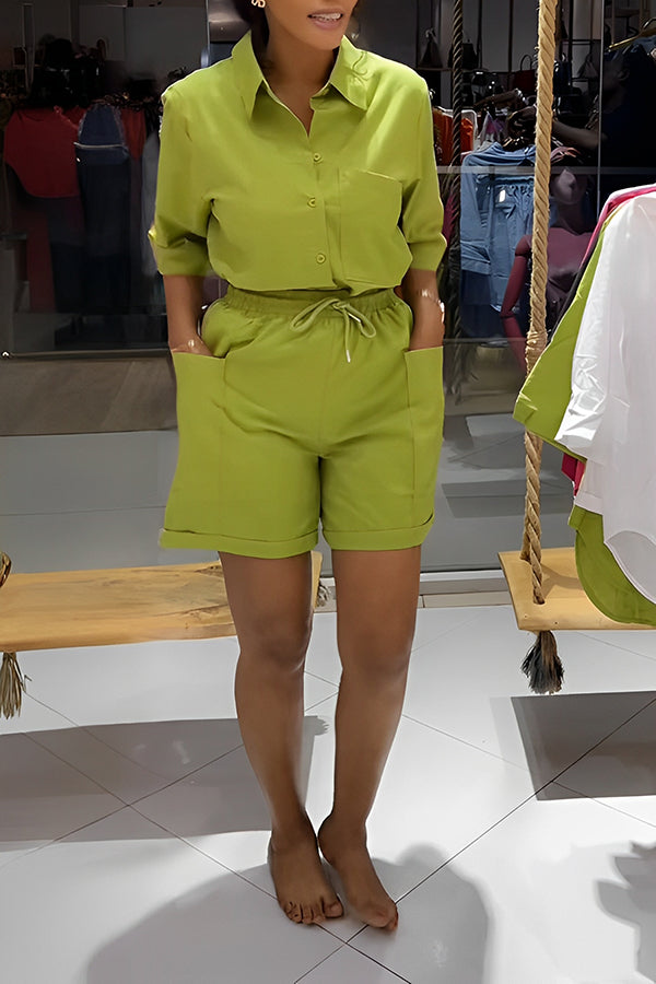 Casual Blouse & Drawstring Shorts Set