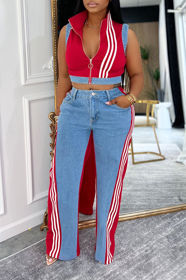 Chic Striped Denim Patchwork Pants Set