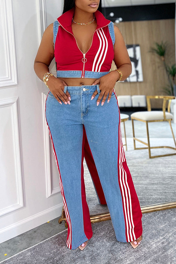 Chic Striped Denim Patchwork Pants Set