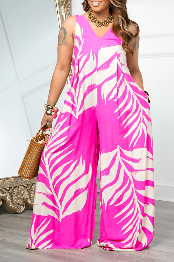 Vacation V-Neck Leaf Print Wide Leg Jumpsuit