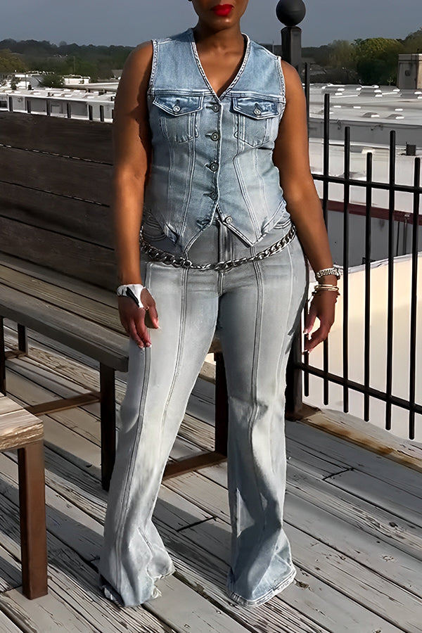 Stylish Button Up Denim Vest & Pants Set