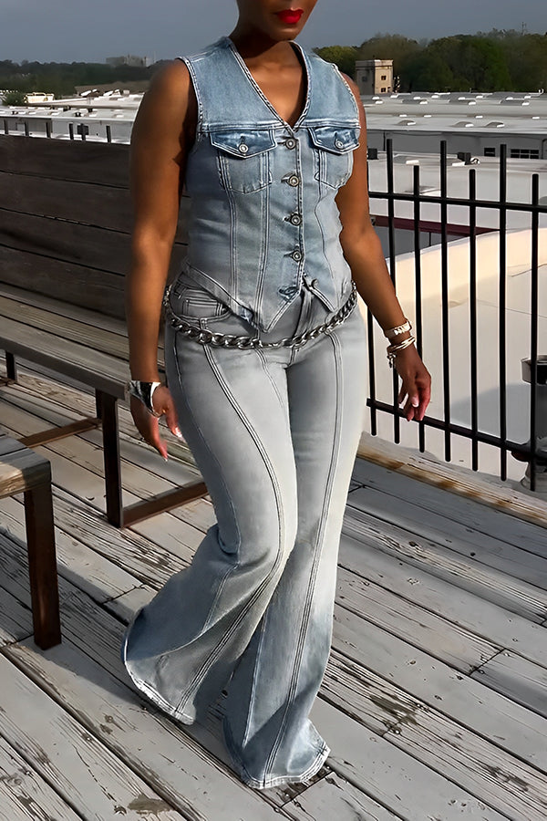 Stylish Button Up Denim Vest & Pants Set