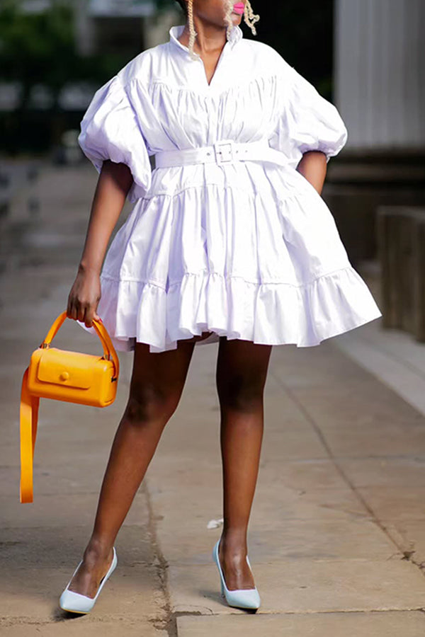 Stylish Puff Sleeve Ruffle Hem Smock Dress