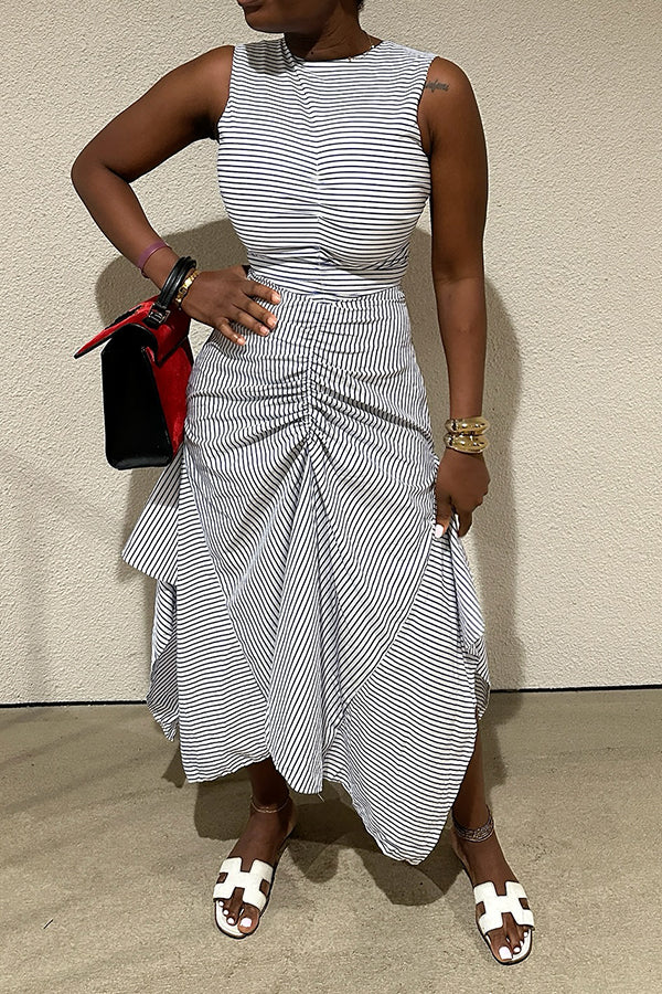 Classic Striped Ruched Asymmetrical Hem Dress