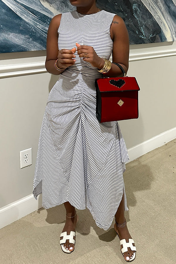 Classic Striped Ruched Asymmetrical Hem Dress