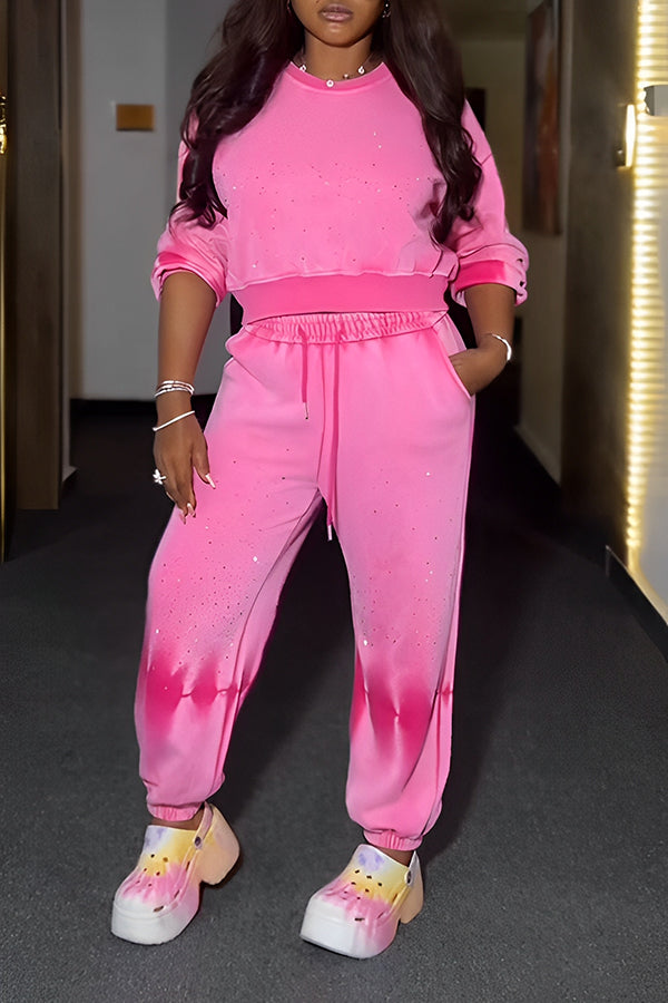 Casual Rhinestone Washed Top & Drawstring Pants Set