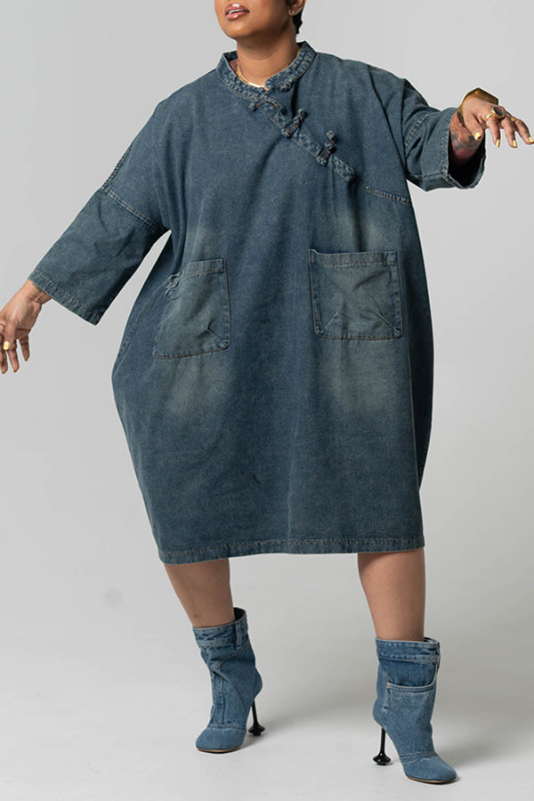 Chic Pockets Denim Mandarin Collar Dress