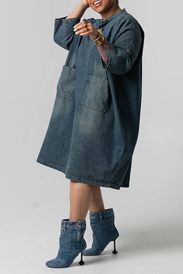 Chic Pockets Denim Mandarin Collar Dress