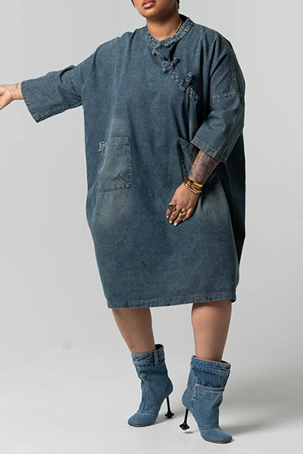Chic Pockets Denim Mandarin Collar Dress