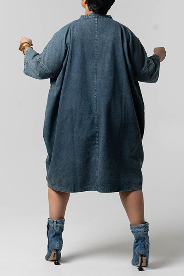 Chic Pockets Denim Mandarin Collar Dress