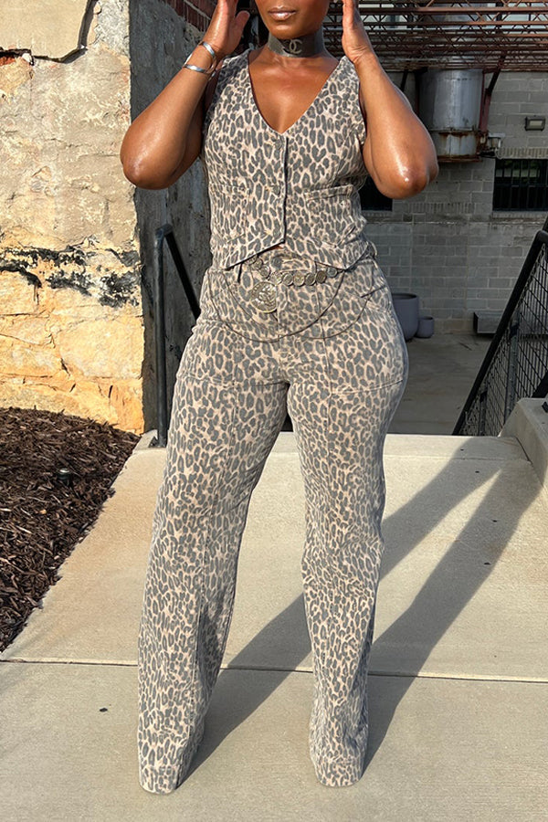 Chic Leopard Denim Two Piece Set