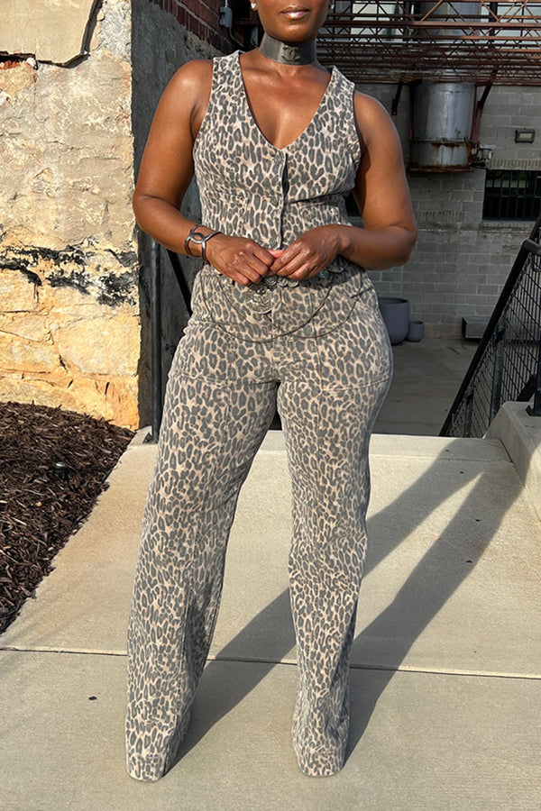Chic Leopard Denim Two Piece Set