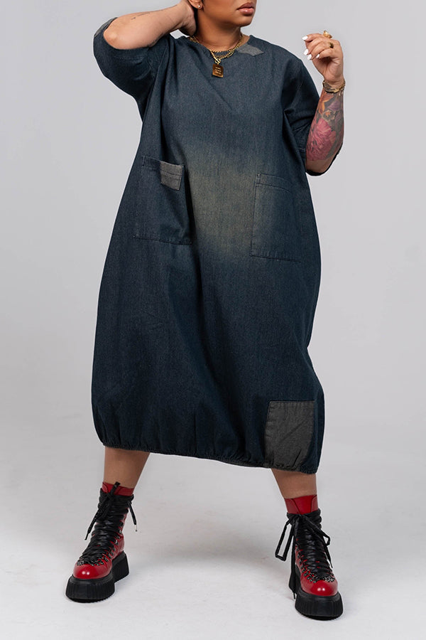Retro Patched Pocket Distressed Dress