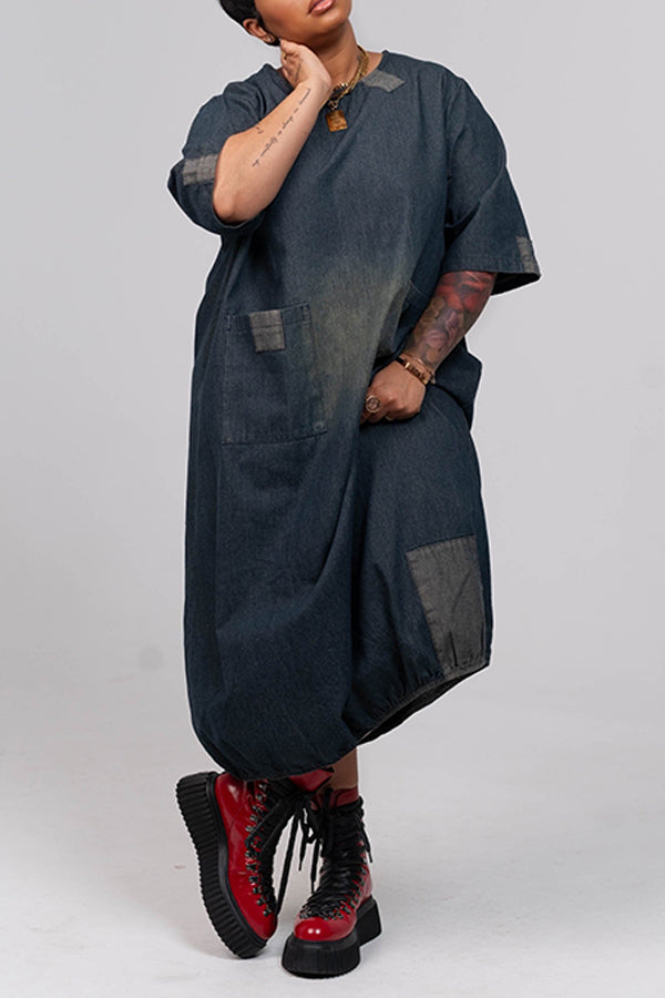Retro Patched Pocket Distressed Dress