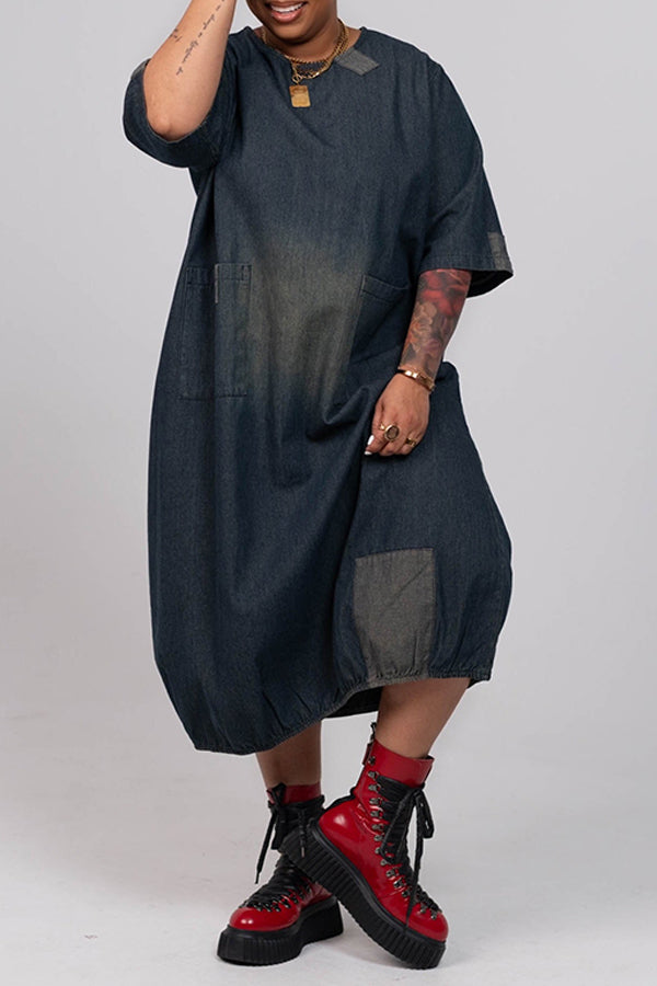 Retro Patched Pocket Distressed Dress
