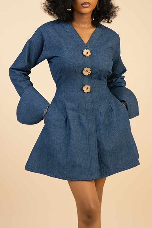Chic V-Neck Pleated Pockets Dress