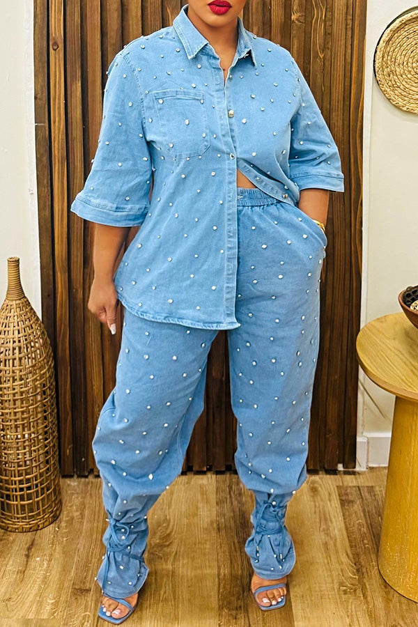 Stylish Diamond Gems Denim Shirt & Pants Set