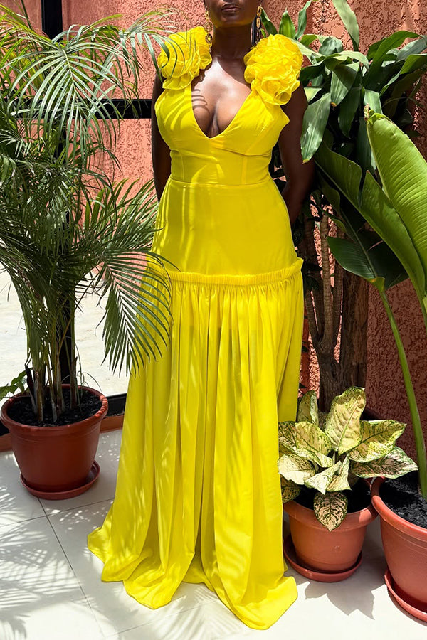 Vacation Shoulder Flowers Pleated Dress