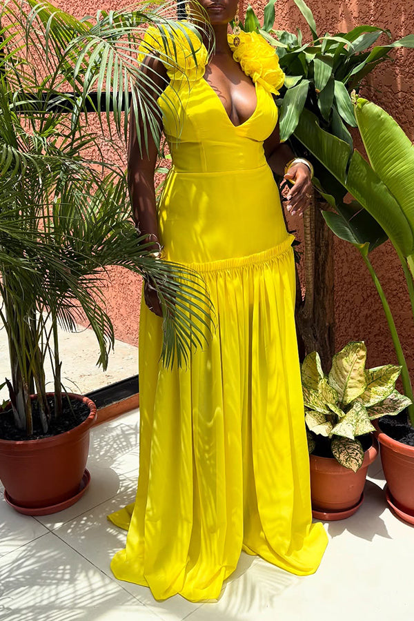 Vacation Shoulder Flowers Pleated Dress