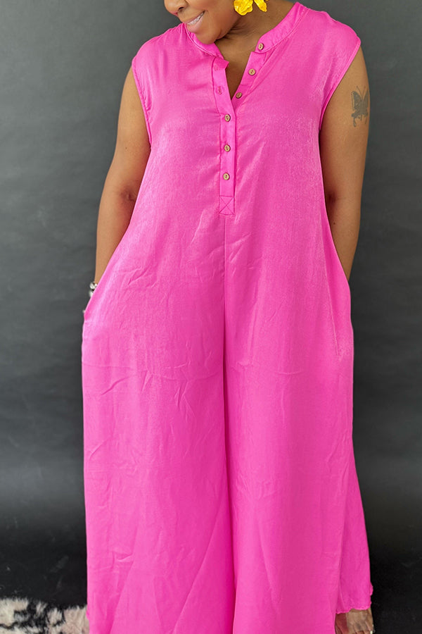Casual Half Button Wide Leg Jumpsuit