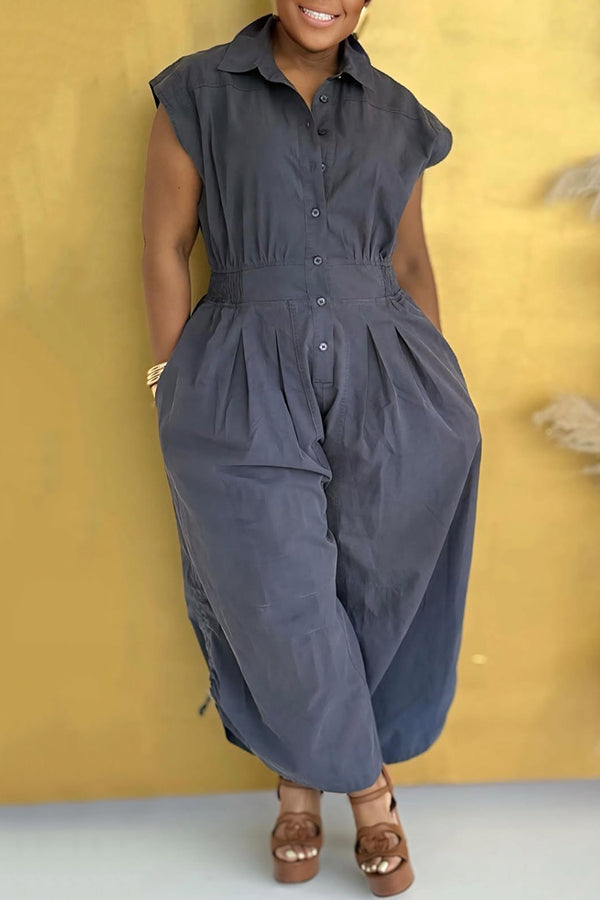 Retro Button Up Drawstring Hem Jumpsuit