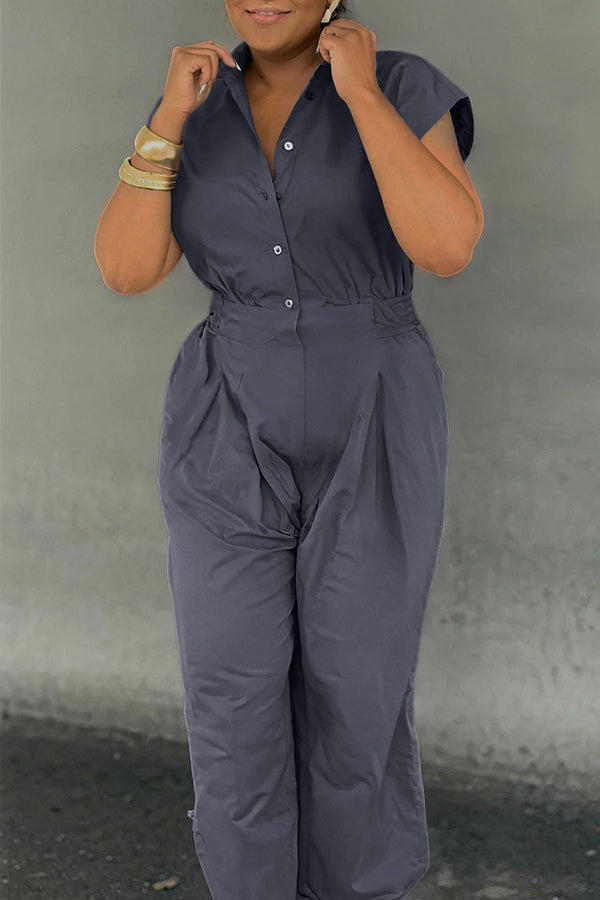 Retro Button Up Drawstring Hem Jumpsuit