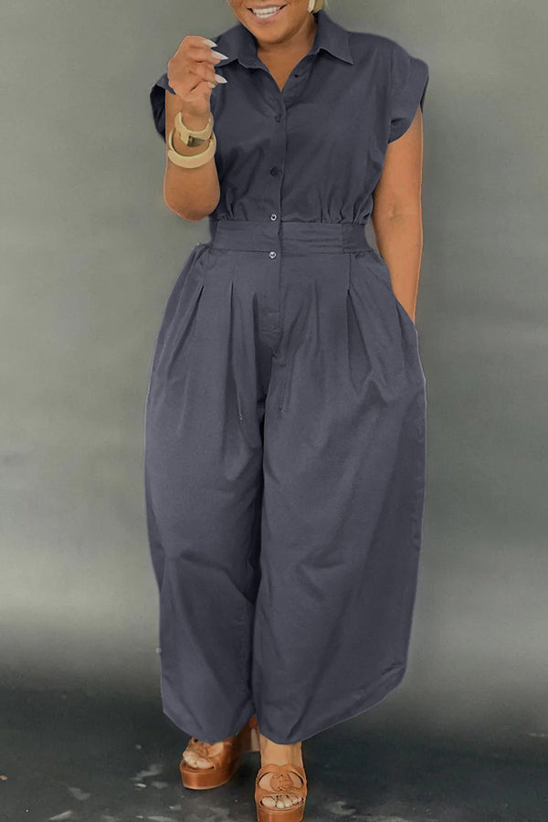 Retro Button Up Drawstring Hem Jumpsuit