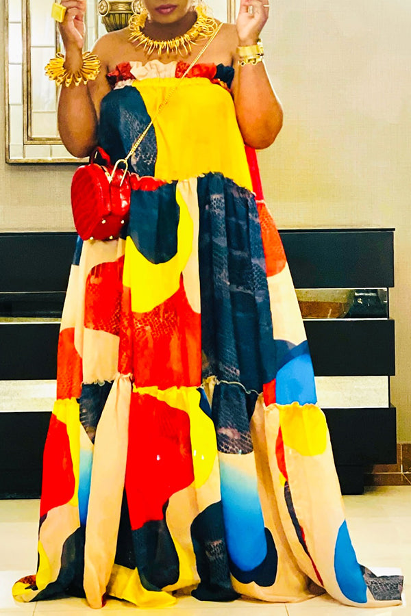 Vacation Colorblock Off Shoulder Maxi Dress
