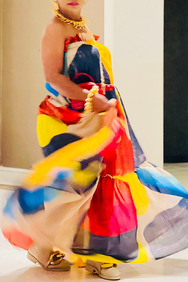 Vacation Colorblock Off Shoulder Maxi Dress