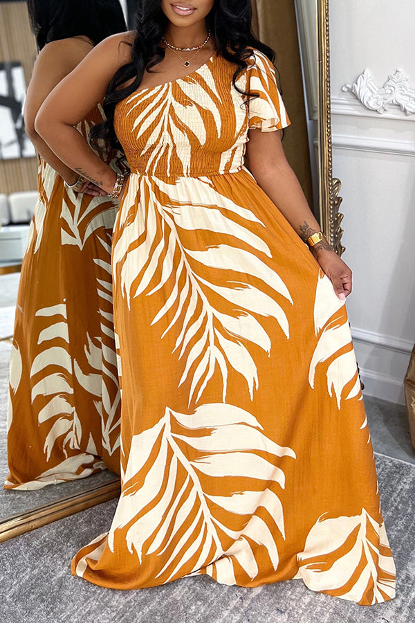 Vacation Oblique Neck Leaf Print Dress
