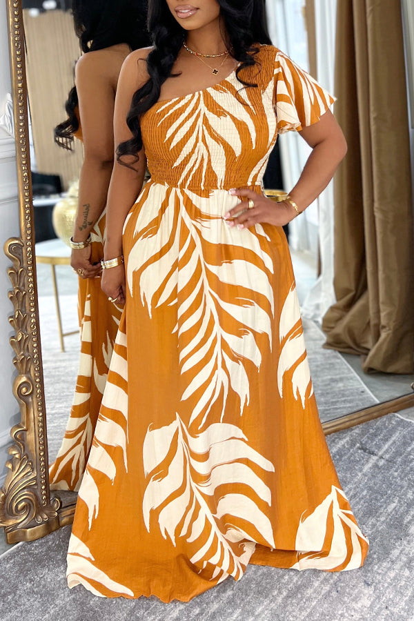 Vacation Oblique Neck Leaf Print Dress