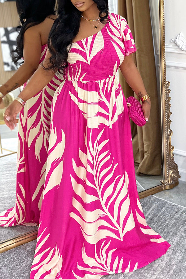Vacation Oblique Neck Leaf Print Dress