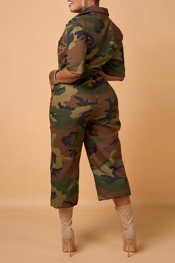 Lapel Camouflage Print Jumpsuit