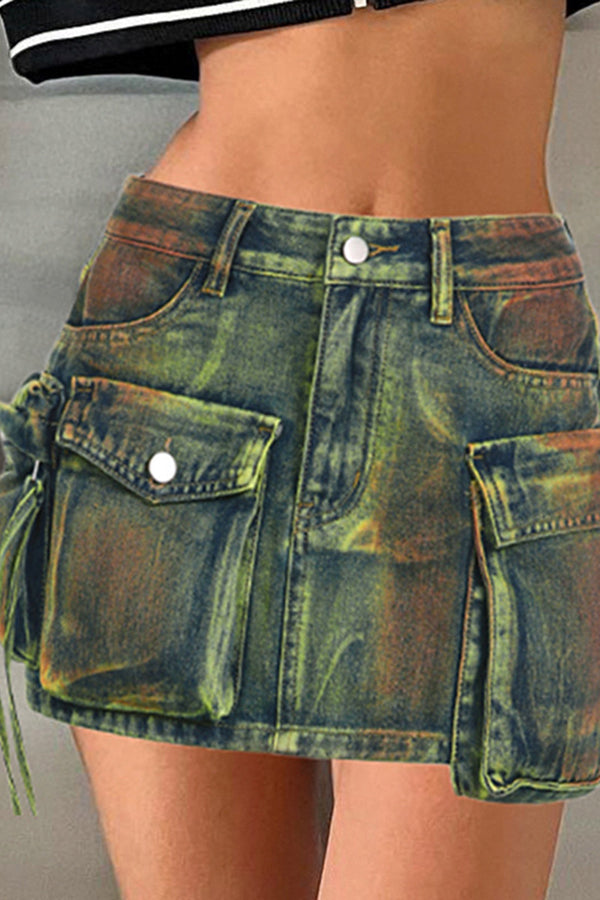 Stylish Flap Pocket Denim Skirt 