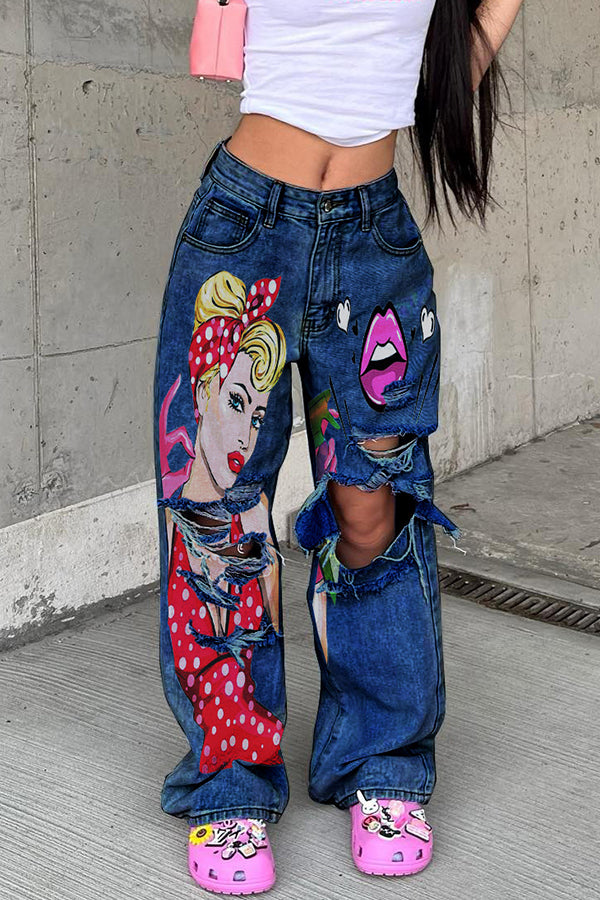 Stylish Figure Graphic Denim Jeans