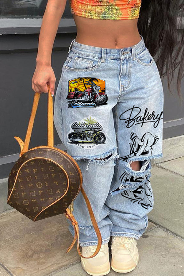 Fashionable Ripped Graffiti Jeans