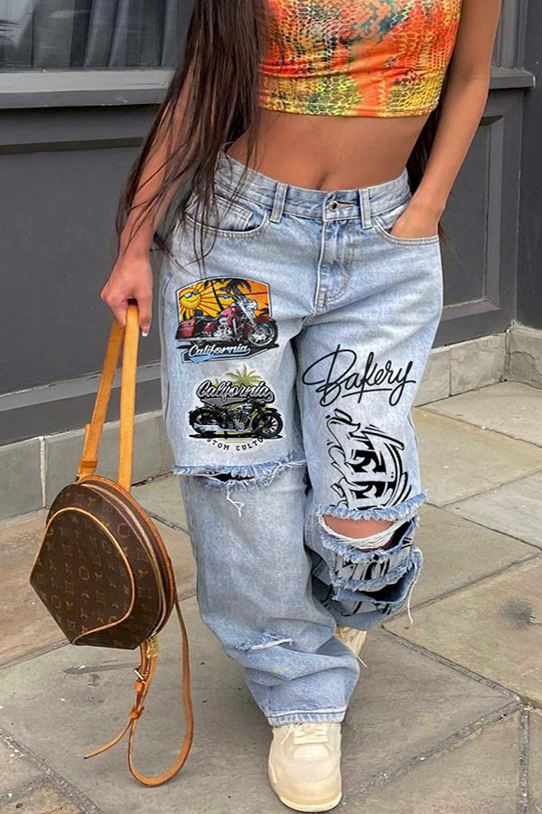 Fashionable Ripped Graffiti Jeans