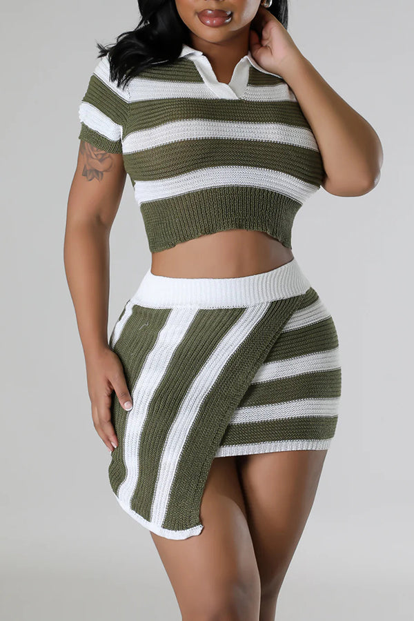 Lapel Striped Top & Skirt Set