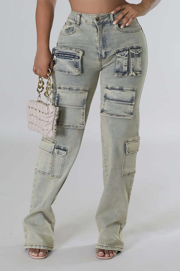 Zippered Multi-Pocket Stretch Washed Jeans