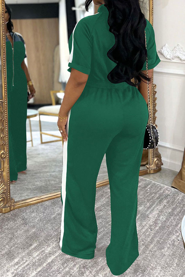 Casual Denim Color Block Zipper Jumpsuit