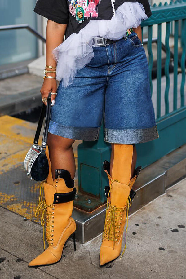 Casual Rolled Washed Denim Shorts*