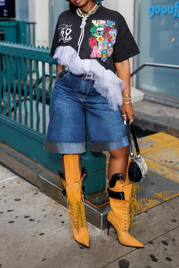 Casual Rolled Washed Denim Shorts*