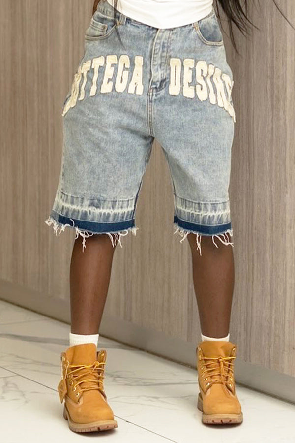 Street Style Lettered Bearded Denim Shorts*