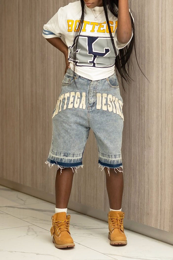 Street Style Lettered Bearded Denim Shorts*