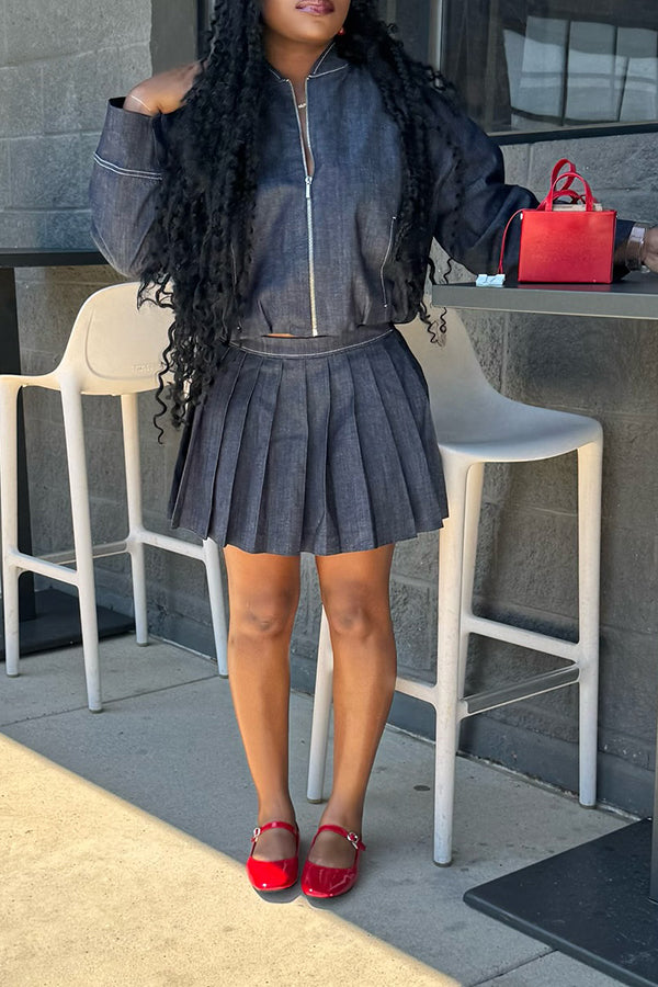 Fashionable Wide Pleated Denim Skirt*
