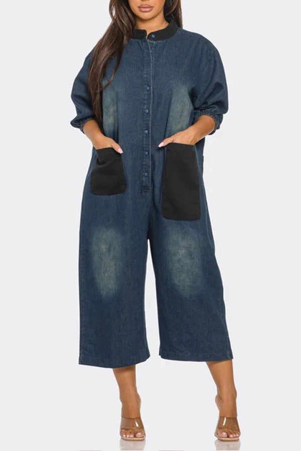 Retro Lazy Style Wide Leg Patch Large Pocket Jumpsuit*