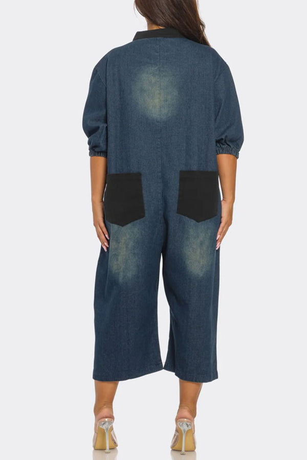 Retro Lazy Style Wide Leg Patch Large Pocket Jumpsuit*