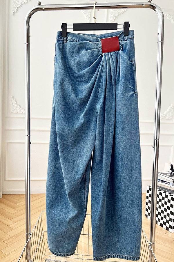 Streetwear Pleated Drape Wide Leg Jeans*