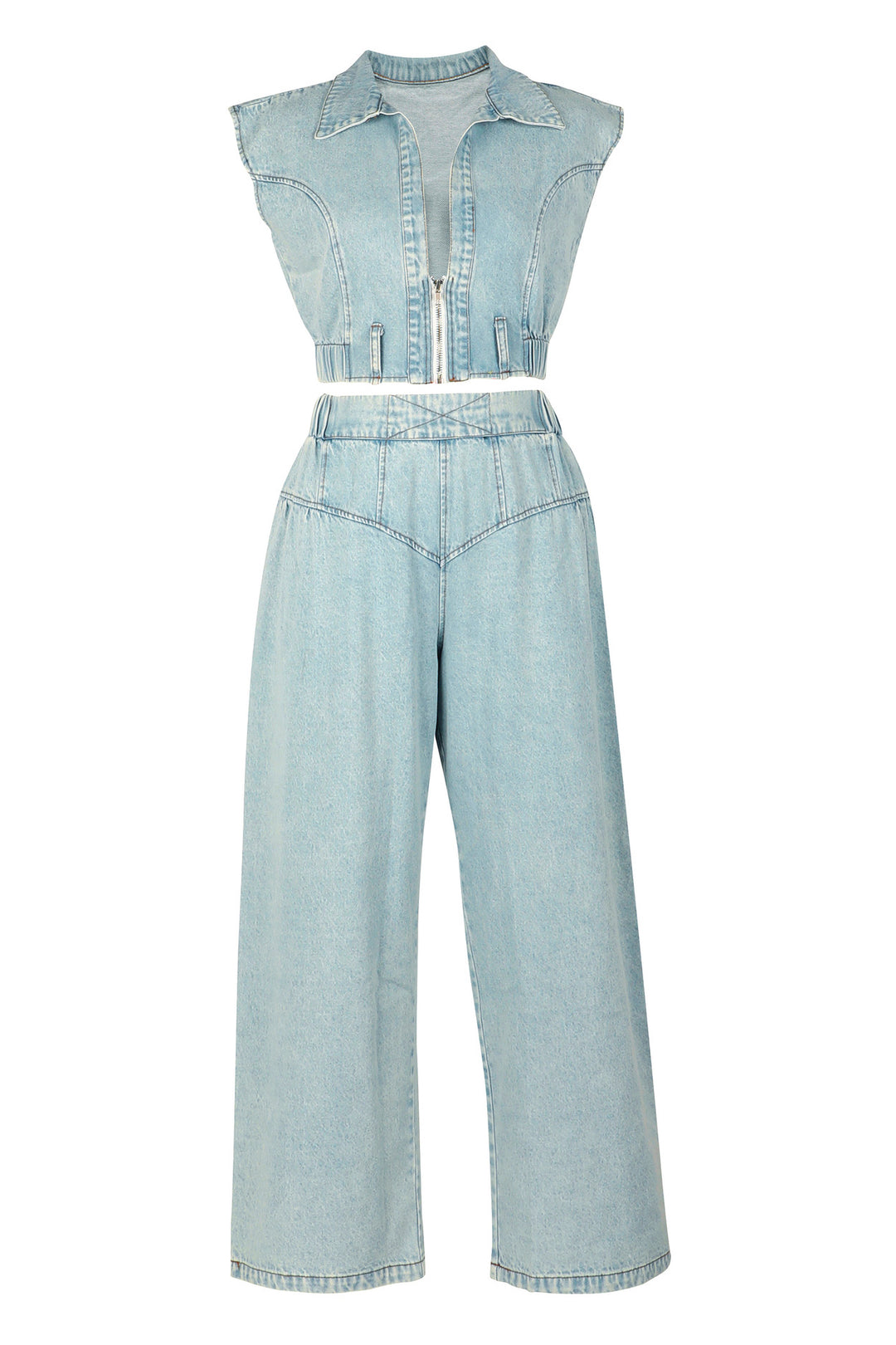 Fashion Denim Cropped Top & Washed Jeans Set*