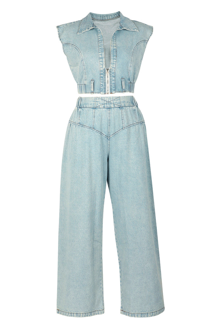 Fashion Denim Cropped Top & Washed Jeans Set*